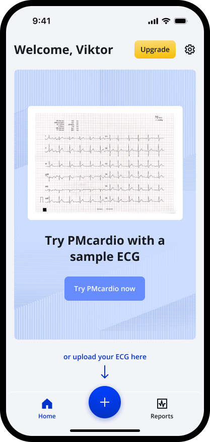 PMcardio Home screen with the “Try PMcardio with a sample ECG” tutorial card