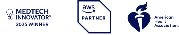 MedTech Innovator 2025 Winner, AWS Partner, and American Heart Association logos
